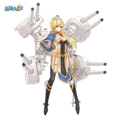  blonde_hair boots breasts cannon chains chinese_commentary cleavage commentary_request copyright_name epaulettes female full_body gloves green_eyes highres large_breasts logo ponytail sideless_outfit simple_background solo stmast sword thigh_boots thighhighs turret vanguard_(warship_girls_r) warship_girls_r weapon white_background white_gloves 