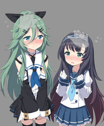  2girls bad_id bad_pixiv_id bare_shoulders black_hair black_ribbon black_serafuku black_skirt black_thighhighs blue_eyes blue_neckerchief blue_sailor_collar blue_skirt blush buttons cnm commentary detached_sleeves gradient_hair green_eyes green_hair grey_background hair_between_eyes hair_ribbon hand_on_another&#039;s_head hands headpat juliet_sleeves kantai_collection long_hair long_sleeves matsuwa_(kancolle) multicolored_hair multiple_girls neckerchief pleated_skirt puffy_sleeves ribbon sailor_collar school_uniform serafuku simple_background skirt thighhighs yamakaze_(kancolle) 