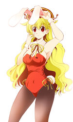  :&gt; animal_ears armpits bare_shoulders black_pantyhose blonde_hair bow bowtie breasts cleavage commentary_request cowboy_shot detached_collar fake_animal_ears female hat highres junko_(touhou) large_breasts leotard long_hair pantyhose photoshop_(medium) playboy_bunny rabbit_ears rabbit_tail red_eyes red_leotard solo tail touhou usuusu wrist_cuffs 