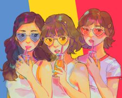  3girls bottle brown_hair commentary drink drinking_straw glasses hair_ornament heart heart-shaped_eyewear highres holding holding_bottle jeongyeon_(twice) long_hair momo_(twice) multiple_girls parted_lips routexx shirt short_hair short_sleeves sleeveless sunglasses twice_(group) tzuyu_(twice) upper_body white_shirt 