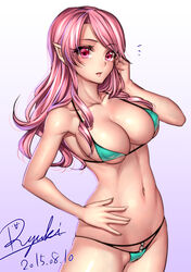  ^^^ aqua_bikini bikini blush breasts cleavage commentary_request dated female highres large_breasts long_hair looking_at_viewer micro_bikini navel original pink_eyes pink_hair ryuki@maguro-ex shiny_skin signature simple_background skindentation solo swimsuit tucking_hair 