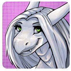  1:1 alpha_channel belly_scales border briz dragon female furcadia green_eyes grey_body grey_scales hair headshot_portrait horn icon long_hair low_res mythological_creature mythological_scalie mythology overbite portrait scales scalie sharp_teeth smile solo teeth theowlette white_border white_hair 