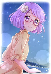  aikatsu!_(series) aikatsu_stars! bad_id bad_pixiv_id blue_sky blush city_lights closed_mouth commentary_request dot_nose dress female flower from_behind glasses hair_flower hair_ornament highres light_purple_hair looking_at_viewer looking_back mountain nanakura_koharu night night_sky outdoors purple_eyes sekina semi-rimless_eyewear short_sleeves sky smile solo star_(sky) starry_sky tears under-rim_eyewear water yellow_dress 