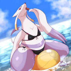  1:1 anthro beach biidama bikini clothing dessert detailed_background female food generation_5_pokemon ice_cream mienshao nintendo outside pokemon pokemon_(species) sea seaside solo swimwear water 