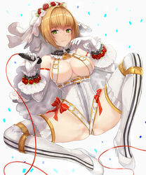  ahoge belt blonde_hair blush bow breasts bridal_veil chains cleavage commentary_request confetti detached_collar detached_sleeves fate/extra fate/extra_ccc fate/grand_order fate_(series) female flower full_body gloves green_eyes hair_intakes high_heels highres holding holding_microphone jirusu large_breasts legs leotard lock looking_at_viewer microphone nero_claudius_(bride)_(fate) nero_claudius_(fate) nero_claudius_(joint_recital)_(fate) official_alternate_costume padlock red_bow red_flower red_rose revealing_clothes revision rose shoes short_hair sitting smile solo spread_legs thighhighs thighs underboob veil white_background white_footwear white_gloves white_sleeves white_thighhighs 