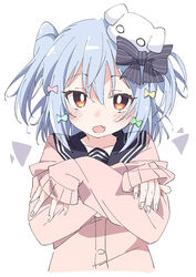  1boy bad_id bad_pixiv_id black_bow black_sailor_collar blue_bow blue_hair bow bright_pupils commentary_request crossdressing dog_hair_ornament green_bow hair_between_eyes hair_ornament hairbow inuyama_tamaki inuyama_tamaki_(1st_costume) ixy light_blue_hair long_sleeves looking_at_viewer male_focus noripro open_mouth orange_eyes otoko_no_ko pink_bow sailor_collar short_hair simple_background sleeves_past_wrists smile solo striped striped_bow upper_body virtual_youtuber white_background white_pupils yellow_bow 