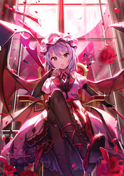  :o bat_(animal) bat_wings black_legwear brooch chair commentary_request cross-laced_footwear crossed_legs dress female fishnets flower hat highres holding holding_weapon indoors jewelry koumajou_densetsu koumajou_densetsu_2 light_purple_hair looking_at_viewer mob_cap moon petals photoshop_(medium) popuru puffy_short_sleeves puffy_sleeves red_eyes red_flower red_footwear red_moon red_rose red_theme remilia_scarlet rose rose_petals shoes short_sleeves sitting solo sparkle spear_the_gungnir touhou weapon window wings 