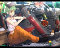  2girls :3 :q bare_arms bare_shoulders black_footwear blunt_bangs bow box cable cannon cardboard_box chains closed_mouth commentary_request cuon_(kuon) drill electric_fan extension_cord fairy_(kancolle) green_bow green_hair hairbow hammer helmet industrial_pipe kantai_collection ladder letterboxed machinery mallet mask mask_on_head mechanical_parts mini_person minigirl miss_cloud multiple_girls orange_pants pants rensouhou-chan rensouhou-kun robot shelf shirt shoes short_hair sitting sleeveless smile tank_top tongue tongue_out turret watermark web_address welding_mask white_shirt wrench yellow_eyes yuubari_(kancolle) 