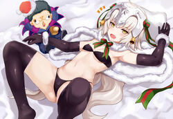  :d ^^^ ahoge armpits ass bandeau bell bikini black_bikini black_gloves black_thighhighs blush bow bowtie breasts capelet character_doll christmas commentary drooling elbow_gloves eyebrows fate/grand_order fate_(series) female gilles_de_rais_(caster)_(fate) gloves hair_ribbon hairbow hat headpiece jeanne_d&#039;arc_alter_santa_lily_(fate) jirusu knees_up long_hair looking_at_viewer lying navel no_shoes oerba_yun_fang on_back open_mouth ribbon santa_hat shadow skindentation small_breasts smile solo spread_legs stomach striped_bow striped_bowtie striped_clothes swimsuit thighhighs thong_bikini underboob very_long_hair white_hair wrist_cuffs yellow_eyes 