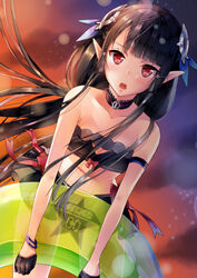  anette_(pso2) bad_id bad_pixiv_id bikini black_hair blush breasts choker dutch_angle female gloves hair_ornament hairclip headgear highres innertube long_hair looking_at_viewer open_mouth phantasy_star phantasy_star_online_2 pointy_ears red_eyes small_breasts solo swim_ring swimsuit yoshida_iyo 