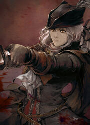  ascot blood bloodborne david_liu female gloves hat lady_maria_of_the_astral_clocktower ponytail rakuyo_(bloodborne) solo sword the_old_hunters weapon white_hair yellow_eyes 