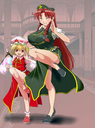  2girls adapted_costume beret blonde_hair braid chinese_clothes commentary_request crystal embodiment_of_scarlet_devil fighting_stance flandre_scarlet hat hong_meiling long_hair medium_hair multiple_girls nakamura_3sou oerba_yun_fang red_eyes red_hair short_hair side_ponytail star_(symbol) touhou twin_braids wings 