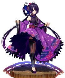  armor bad_id bad_pixiv_id black_hair breasts butterfly_hair_ornament caravan_stories chains detached_sleeves dress faux_figurine female greaves hair_ornament hair_rings knife large_breasts long_hair looking_at_viewer misakura_julio nyori purple_dress purple_eyes sandals simple_background solo standing very_long_hair white_background wide_sleeves 