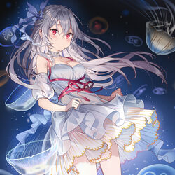  bare_shoulders blush breasts collarbone commentary_request dress female grey_hair hair_between_eyes hair_ribbon jellyfish long_hair looking_at_viewer medium_breasts original red_eyes ribbon rie_(reverie) solo strapless strapless_dress underwater white_dress 