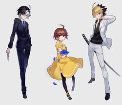  2boys ahoge alternate_costume arm_behind_head black_hair black_legwear black_suit blonde_hair blue_flower blue_rose bow brown_hair commentary_request dress dyed_bangs female flower formal grin highres holding holding_flower holding_knife katana kido_hyde knife linne_(under_night_in-birth) looking_at_viewer multicolored_hair multiple_boys necktie no_shoes one_eye_closed pantyhose parted_lips partially_unbuttoned petals qitoli rose rose_petals seth_(under_night_in-birth) sheath sheathed short_hair single_strap smile suit sword two-tone_hair under_night_in-birth weapon white_hair white_suit wing_collar yellow_bow yellow_dress 