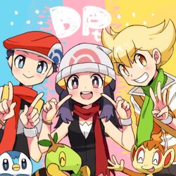  2boys bad_id bad_pixiv_id barry_(pokemon) beanie beret black_eyes black_hair blonde_hair blue_eyes blush brown_eyes chimchar dawn_(pokemon) female green_scarf hat looking_at_viewer lucas_(pokemon) multiple_boys piplup pointing pointing_at_self pokemon pokemon_(creature) pokemon_dppt red_scarf remotarou scarf smile starter_pokemon_trio turtwig 