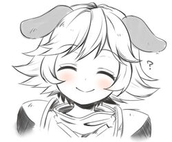  ? ^_^ animal_ears azuma_ezu blush closed_eyes commentary_request dog_ears eyebrows farrah_(granblue_fantasy) female flipped_hair granblue_fantasy greyscale kemonomimi_mode monochrome short_hair shoulder_pads simple_background smile solo upper_body white_background 