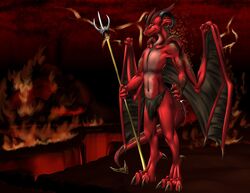  anthro bottomwear claws clothed clothing demon dragon fire hell horn loincloth melee_weapon mythological_creature mythological_scalie mythology nude polearm scalie solo spear tail topless weapon weisswinddragon wings 