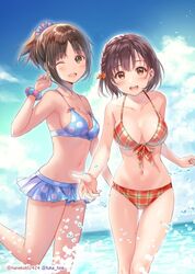  2girls :d ;d artist_name bikini bikini_skirt blue_bikini blue_sky bow bracelet braid breasts brown_eyes brown_hair cleavage cloud cloudy_sky collaboration collarbone commentary_request day doukyuusei_(hanekoto) french_braid front-tie_bikini_top front-tie_top fukahire_(ruinon) hair_ornament hair_scrunchie hairbow halterneck hanekoto jewelry jpeg_artifacts medium_breasts multicolored_scrunchie multiple_girls navel one_eye_closed open_mouth orange_bikini original outdoors plaid plaid_bikini polka_dot polka_dot_bikini scrunchie short_hair short_ponytail side_braid sky smile sorai_mahiru_(fukahire) splashing standing standing_on_one_leg swimsuit twitter_username 