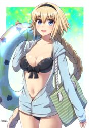  artist_name bad_id bad_pixiv_id bag bikini black_bikini blonde_hair blue_eyes blue_jacket blush braid breasts cleavage collarbone commentary_request fate/grand_order fate_(series) female hair_between_eyes headband highres hip_focus hood hoodie innertube jacket jeanne_d&#039;arc_(fate) jeanne_d&#039;arc_(swimsuit_archer)_(fate) jeanne_d&#039;arc_(swimsuit_archer)_(first_ascension)_(fate) large_breasts long_braid long_hair looking_at_viewer navel nayuhi_(yukimuu14) open_clothes open_jacket shoulder_bag single_braid smile solo swim_ring swimsuit thighs very_long_hair 