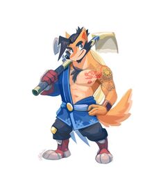  2016 anthro beard blizzard_entertainment canid canine canis chest_tuft facial_hair hanzo_(overwatch) hi_res male mammal nipples overwatch piti_yindee solo tattoo tuft wolf wuffle wuffle_(webcomic) 