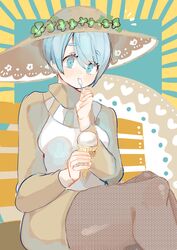  absurdres aqua_eyes aqua_hair bench breasts brown_hat eating feet_out_of_frame female fishnet_pantyhose fishnets food hat heart highres holding holding_food ice_cream ice_cream_cone koura_higure long_sleeves original pantyhose short_hair sitting solo 