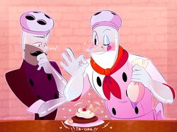  2018 animate_inanimate atlaswashere chef_saltbaker cuphead_(game) dialogue duo english_text fan_character food for_a_head heart_symbol hi_res humanoid male not_furry object_head one_eye_closed pepper_grinder salt_shaker signature text wink 