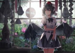  bare_arms bell black_bow black_bowtie black_hair black_skirt black_wings bow bowtie camera commentary_request day desk female flower hat holding holding_camera hydrangea indoors looking_away low_wings no_entry_sign plant pointy_ears pom_pom_(clothes) rain red_eyes road_sign shameimaru_aya shide shirt short_hair short_sleeves sign skirt solo standing thkani tokin_hat touhou white_shirt window wings 