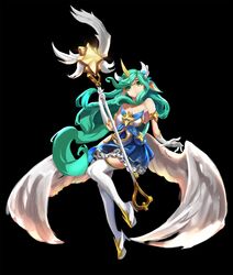  alternate_costume armlet breasts dress female gloves green_eyes green_hair high_heel_boots horn large_breasts league_of_legends lipstick long_hair short_dress solo soraka star_guardian_soraka thigh_boots very_long_hair wand white_gloves wings 