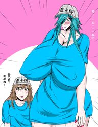  :o aomokoka blue_hair blue_shirt breasts brown_eyes brown_hair covered_nipples gigantic_breasts hat hataraku_saibou height_difference lipstick makeup nail_polish open_mouth original platelet_(hataraku_saibou) platelet_(hataraku_saibou)_(cosplay) plump red_eyes shirt smile thick_thighs thighs 