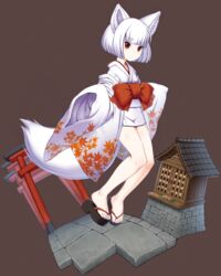  aburaage animal_ears animated animated bare_legs blunt_bangs bow breasts brown_background building commentary_request female floating food fox_ears fox_girl fox_tail full_body geta gif_artifacts japanese_clothes kimono leaf_print long_sleeves looking_at_viewer no_legwear original red_bow red_eyes religious_offering sandals short_hair short_kimono simple_background sleeves_past_wrists small_breasts solo stone_floor tail takeda_yukimura thick_eyebrows torii white_hair wide_sleeves 