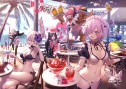  3boys 6+girls :d absurdres ahoge alcohol alternate_costume animal_hands apron arm_up artoria_pendragon_(alter_swimsuit_rider)_(fate) artoria_pendragon_(alter_swimsuit_rider)_(second_ascension)_(fate) artoria_pendragon_(fate) asterios_(fate) beer beer_mug bikini black_gloves black_hair blue_hair bow braid breasts bright_pupils closed_eyes cloud cocktail_glass commentary_request crossed_legs cu_chulainn_(fate) cu_chulainn_(fate/stay_night) cup detached_collar doll_joints drinking_glass drinking_straw elbow_gloves euryale_(fate) fangs fate/grand_order fate_(series) flower food fou_(fate) fruit gilgamesh_(fate) gloves grey_hair hair_flower hair_ornament hair_over_one_eye hairbow hamburger_steak headpiece hibiscus highres holding holding_cup holding_tray hood hoodie horns ishtar_(fate) ishtar_(swimsuit_rider)_(fate) jack_the_ripper_(fate/apocrypha) jack_the_ripper_(summer_little)_(fate) jeanne_d&#039;arc_alter_(avenger)_(fate) jeanne_d&#039;arc_alter_(fate) jeanne_d&#039;arc_alter_santa_lily_(fate) jeanne_d&#039;arc_alter_santa_lily_(summer_little)_(fate) joints jumping large_breasts long_hair low_ponytail maid maid_bikini maid_headdress mash_kyrielight mashima_saki_(mashimasa) medium_breasts mop mordred_(fate) mordred_(swimsuit_rider)_(fate) mug multiple_boys multiple_girls navel noodles nursery_rhyme_(fate) nursery_rhyme_(summer_little)_(fate) omelet omurice open_mouth outdoors palm_tree parfait paw_gloves pink_hair prydwen_(fate) puffy_short_sleeves puffy_sleeves purple_eyes purple_flower ramen revision ribbon_trim sand_castle sand_sculpture sandwich seaside short_hair short_sleeves side-tie_bikini_bottom sitting small_breasts smile strawberry strawberry_parfait swimsuit tamamo_(fate) tamamo_cat_(fate) tattoo thighhighs tray tree twin_braids umbrella unconventional_maid waist_apron wariza white_hair white_pupils white_thighhighs wooden_floor wrist_cuffs yellow_eyes 