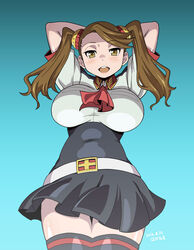  alternate_legwear arms_behind_head arms_up ascot belt black_thighhighs blue_background blush breasts brown_eyes brown_hair commentary_request dated female gradient_background gundam gundam_build_fighters gundam_build_fighters_try haganemaru_kennosuke hair_ornament impossible_clothes large_breasts lips long_hair open_mouth pleated_skirt plump sazaki_kaoruko school_uniform skirt smile solo standing thighhighs twintails 