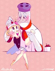  2018 animate_inanimate atlaswashere chef_saltbaker clothing cuphead_(game) duo female for_a_head gloves handwear heart_symbol hi_res humanoid male ms._chalice not_furry object_head signature smile 