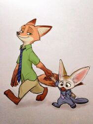  2018 3:4 3_toes anthro barefoot canid canine claws clothed clothing disney duo feet fennec_fox finnick_(zootopia) fox fully_clothed fur male mammal mortic_ox nick_wilde orange_body orange_fur plantigrade red_fox toes true_fox zootopia 