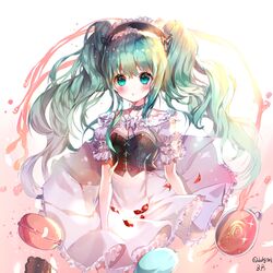  b_rock bad_id bad_pixiv_id bush choker dress female food green_eyes green_hair hatsune_miku long_hair macaron solo twintails very_long_hair vocaloid 