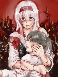  2girls bad_id bad_pixiv_id blood blood_from_mouth blood_on_clothes blood_on_face commentary_request cradling_head cuts damaged fire highres injury kantai_collection multiple_girls shaded_face shoukaku_(kancolle) sobbing tadd_(tatd) tears torn_clothes white_hair yellow_eyes zuikaku_(kancolle) 