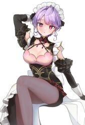  ;o absurdres ahoge arm_behind_back black_dress black_gloves black_pantyhose blush breasts chinese_clothes cleavage colored_bangs commentary_request criss-cross_straps detached_sleeves dress earrings ena1215 female fishnet_gloves fishnets flower_earrings framed_cleavage frills gloves gradient_eyes highres invisible_chair jewelry kozue_mone kozue_mone_(maid) large_breasts looking_at_viewer maid maid_headdress multicolored_eyes nape_braid one_eye_closed pantyhose parted_bangs pink_eyes purple_hair qi_maid ribbon short_hair sitting skirt solo taut_clothes taut_skirt thighs virtual_youtuber waist_ribbon white_background white_ribbon 