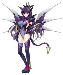  armor avalastia black_hair boots breasts corruption covered_navel dark_persona detached_wings elbow_gloves female full_body game_cg gloves grey_leotard hand_on_own_hip headgear highres horns itakano_shigure kamitsurugi_ouka kouyoku_senki_exs-tia_concert large_breasts large_variant_set leotard long_hair looking_at_viewer mecha_musume mechanical_horns mechanical_tail mechanical_wings non-web_source official_art open_mouth purple_eyes single_horn smile solo standing tachi-e tail thigh_boots thighhighs transparent_background variant_set very_long_hair wings 