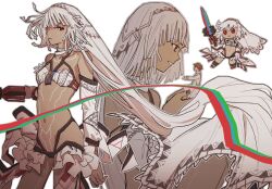  1boy altera_(fate) arm_at_side black_nails blunt_ends body_markings brown_hair chibi closed_mouth coat dark-skinned_female dark_skin detached_sleeves fate/extella fate/extra fate_(series) female giant giantess grey_outline halterneck hands_up highres holding holding_sword holding_weapon in_palm jewelry kishinami_hakuno_(male) light_blush long_sleeves looking_at_another looking_at_viewer m_12170 multiple_views nail_polish navel open_mouth outline photon_ray_(fate) red_eyes revealing_clothes ring short_hair simple_background smile sword veil weapon white_background white_coat white_hair white_veil 