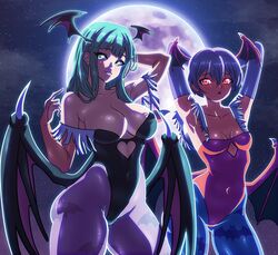  2girls arms_behind_head armwear bat_print blue_hair blue_pantyhose capcom clothing darkstalkers female female_only flat_chest full_moon gauntlets glowing_eyes green_eyes green_hair hand_behind_head head_wings hi_res large_breasts leotard lilith_aensland long_hair looking_at_viewer mesiasart morrigan_aensland pantyhose purple_pantyhose red_eyes small_breasts smiling smiling_at_viewer succubus succubus_costume succubus_wings thick_thighs very_high_resolution wings 