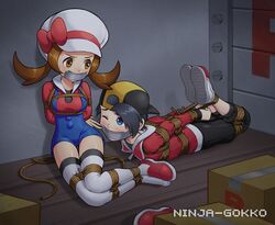  1boy 1boy1girl 1girl1boy backwards_cap black_hair black_pants blue_black_hair blue_eyes blue_overalls bondage brown_eyes brown_hair ethan_(pokemon) female gold_(pokemon) high_resolution highres kidnapped kidnapping light-skinned_female light-skinned_male looking_annoyed looking_at_each_other looking_worried lyra_(pokemon) ninja-gokko one_shoe_on pokemon pokemon_hgss red_jacket red_shoes short_hair slight_blush spirit_koto spirit_koto_(artist) sweat sweating taped_mouth team_rocket tied_up twintails white_headwear white_legwear white_thigh_highs white_thighhighs 