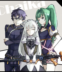  1boy 2girls ^_^ ahoge akari_acura breasts brother_and_sister chaika_trabant character_name closed_eyes commentary_request dress frills green_hair gun hairband hand_on_own_hip hitsugi_no_chaika lolita_hairband long_hair medium_breasts multiple_girls pinching ponytail puffy_sleeves purple_hair rifle short_hair siblings smile sniper_rifle sweatdrop thick_eyebrows tooru_acura usugiri_bacon weapon white_hair 