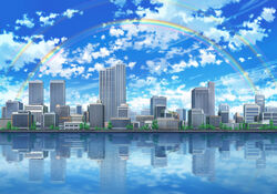  blue_sky building city cloud cloudy_sky commentary day double_rainbow highres no_humans outdoors photoshop_(medium) rainbow reflection sakanamodoki scenery sky skyline skyscraper 