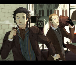  2boys animification bad_id bad_pixiv_id black_hair blonde_hair facial_hair gloves hat holding_another&#039;s_wrist john_hamish_watson jude_law letterboxed moustache multiple_boys robert_downey_jr. sen_nai sherlock_holmes sherlock_holmes_(movie) smoking_pipe the_adventures_of_sherlock_holmes top_hat victorian 