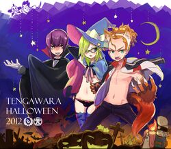  2012 3boys animal_ears bad_id bad_pixiv_id blonde_hair blue_eyes blush bulge cape claws costume crossdressing gloves green_eyes grin hair_over_one_eye halloween hat hayabusa_hideki hoshifuru_kaguya inazuma_eleven_(series) inazuma_eleven_go jack-o&#039;-lantern jacket kita_ichiban long_hair looking_at_viewer male_focus midriff minami_juuji multiple_boys nishinosora_yoichi oerba_yun_fang one_eye_closed open_clothes open_jacket open_mouth orange_hair otoko_no_ko panties ponytail pumpkin purple_eyes purple_hair short_hair smile suemitsu_dicca sunglasses tail tengawara underwear vampire wand werewolf witch witch_hat wolf_boy wolf_ears yellow_eyes 