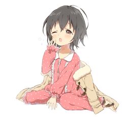  ;o akagi_miria black_hair blush brown_eyes buttons caracorn commentary_request female full_body highres idolmaster idolmaster_cinderella_girls jacket long_sleeves one_eye_closed open_mouth pajamas polka_dot polka_dot_pajamas short_hair simple_background sitting solo wariza white_background winter_clothes yawning 