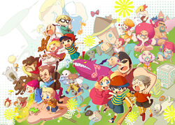  3girls 6+boys ana_(mother) baseball_bat baseball_cap boney canine claus_(mother_3) commentary_request cowboy cowboy_hat cowboy_western crossdressing doseisan everyone flint_(mother_3) flying_man gin_(oyoyo) glasses hair_ribbon hat hinawa jeff_andonuts kumatora lloyd_(mother) lucas_(mother_3) mother_(game) mother_1 mother_2 mother_3 multiple_boys multiple_girls musical_note ness&#039;s_father ness_(mother_2) ninten paula_(mother_2) picky_minch poo_(mother_2) porky_minch ramblin&#039;_evil_mushroom ribbon salsa_(mother) shirt siblings starman_(mother) striped_clothes striped_shirt teddy_(mother) trash_can 