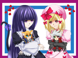  2girls animal_ears aqua_eyes bad_id bad_pixiv_id beret blazblue blonde_hair blue_eyes cat_ears cat_tail crossover dress eien_no_kurayami frederica_bernkastel grey_hair hat heart heterochromia japanese_clothes jewelry jin_kisaragi kemonomimi_mode lambdadelta military military_uniform multiple_girls necklace purple_eyes purple_hair ragna_the_bloodedge red_eyes ribbon tail umineko_no_naku_koro_ni uniform 