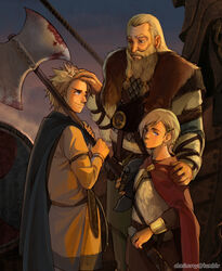  3boys aged_down axe axis_powers_hetalia battle_axe blonde_hair blood blood_on_weapon blue_eyes cape civilization_(series) civilization_v commentary crossover denmark_(hetalia) english_commentary harald_bluetooth male_focus manly multiple_boys norse norway_(hetalia) sherry_lai viking weapon 